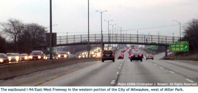 The I-94/East-West Freeway in Milwaukee west of Miller Park.