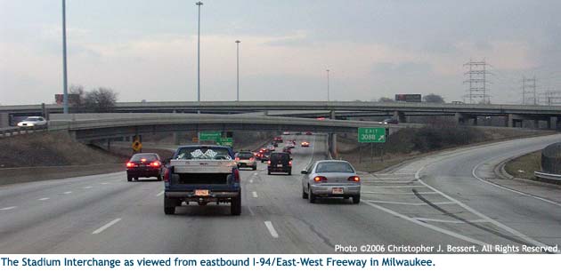 The Stadium Interchange as viewed from eastbound I-94/East-West Freeway in Milwaukee.