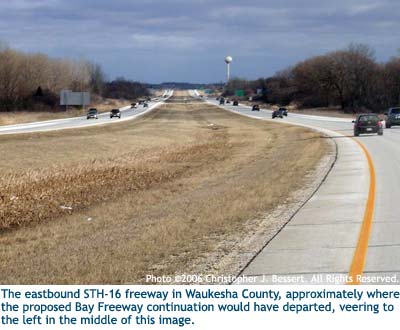 The eastbound STH-16 freeway in Waukesha County, approximately where the proposed Bay Freeway would have departed.